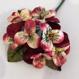 Vintage Velvet Flower Posy -  Dark Cherry Red with Green Leaves