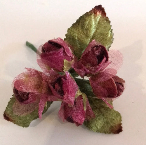 Vintage Velvet Rose Bud Posy - Burgundy with Green Leaves