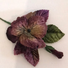 Load image into Gallery viewer, Vintage Velvet Pansy Posy - Grape with Green Leaves