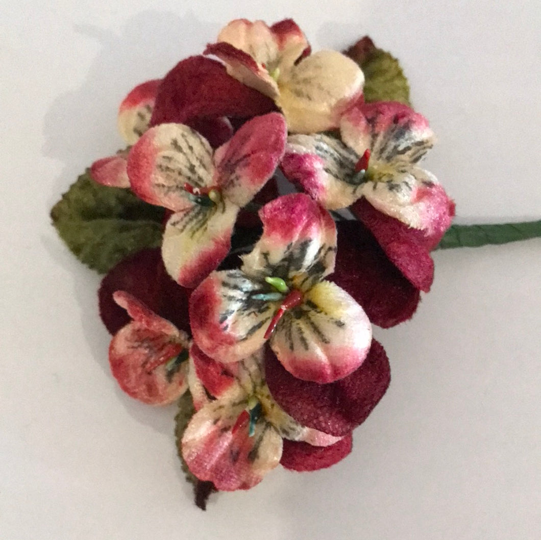 Vintage Velvet Flower Posy -  Dark Cherry Red with Green Leaves