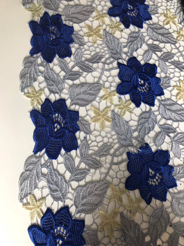 Lace - Multi Guipure - Silver Leaves & Large Royal Blue Flowers - Code 05